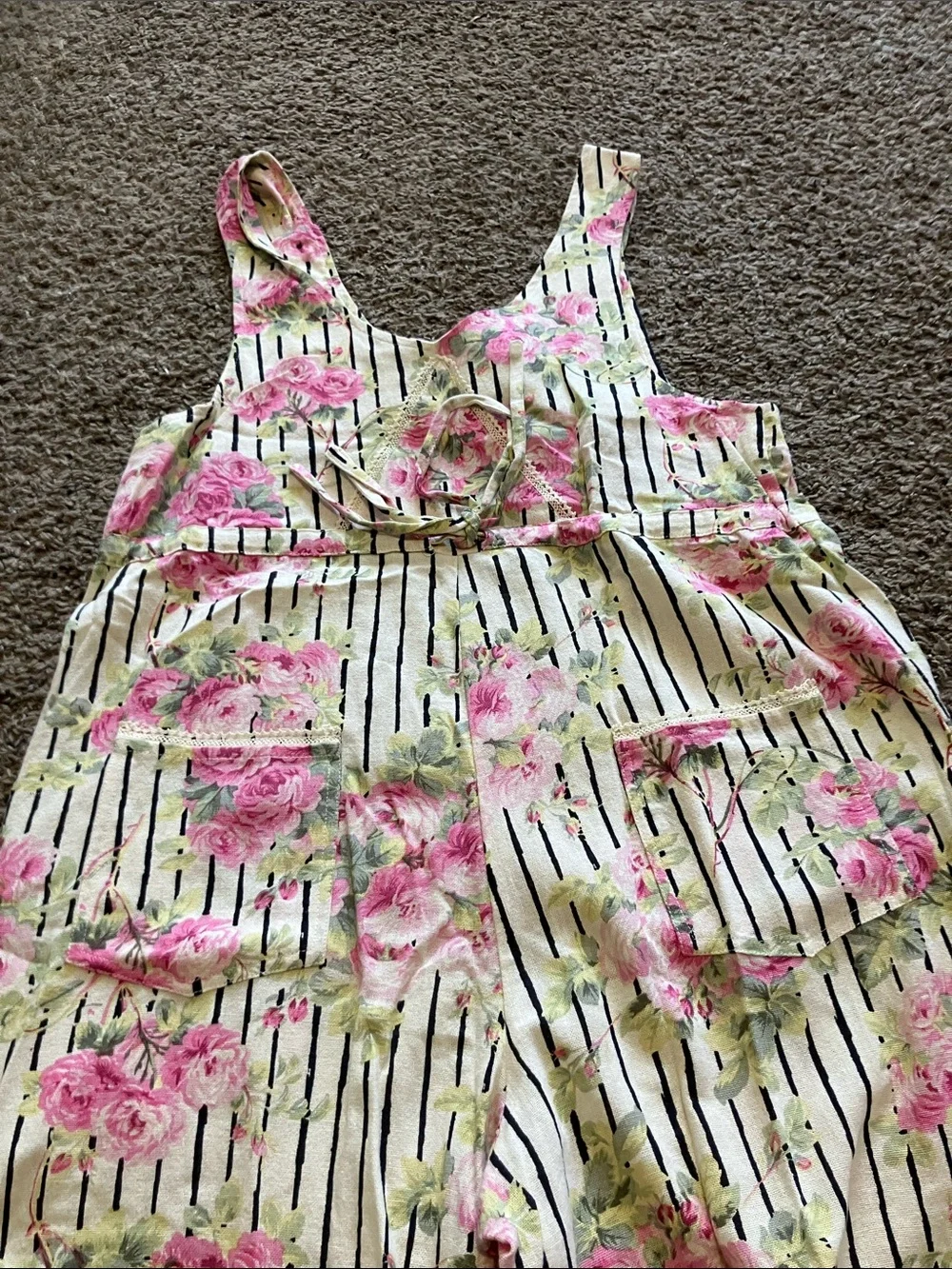 April Cornell Cream Striped overalls Pink Floral Print